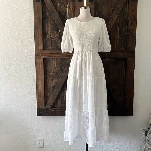 ZESICA FLORAL LACE FLOWY SHORT SLEEVE SMOCKED MIDI DRESS - Picture 6 of 16